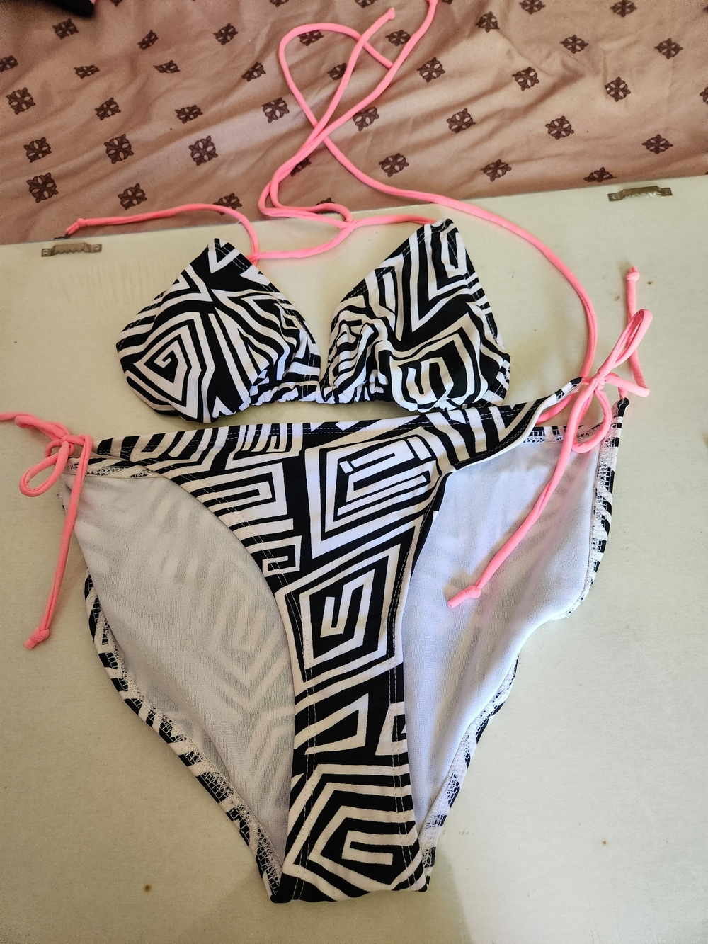 Girls Black & White Geo Print One-Piece with Pink Ties